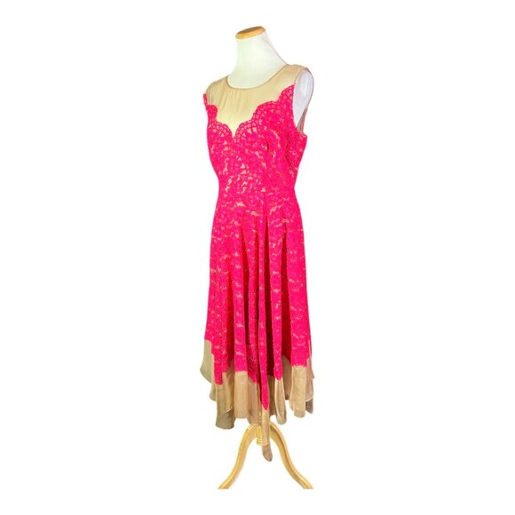 Tracy Reese Size 10 Hanky Hem Frock Sheer Lace Overlay Geranium Pink *Flaw - Picture 6 of 16